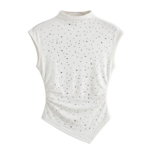 Mock Neck Rhinestone Sleeveless Fitted Asymmetric Top WHD0605046-S-2603183