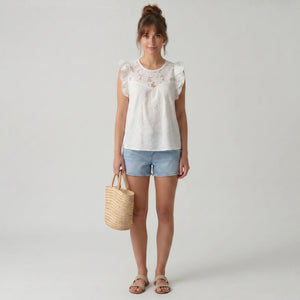Embroidered Ruffle Sleeve Top WHD0605065-S-251022