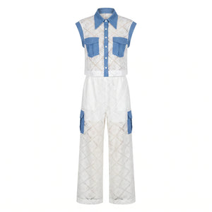 Lace Denim Trim Wide-Leg Set WHD0605070-S-2506102