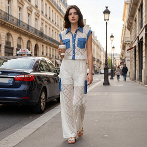 Lace Denim Trim Wide-Leg Set WHD0605070-S-2506102