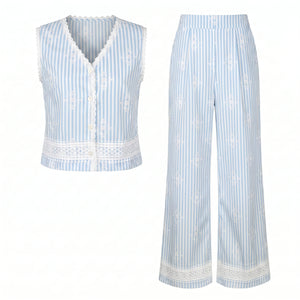 Striped Lace Trim Wide-Leg Set WHD0605071-S-2503210