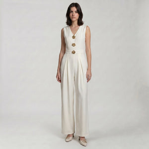 Ivory V-Neck Wide-Leg Jumpsuit WHD0605083-S-250829-1