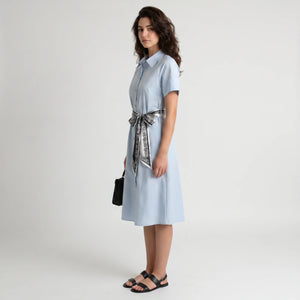 Light Blue Tie-Waist Shirt Dress WHD0605084-S-251297