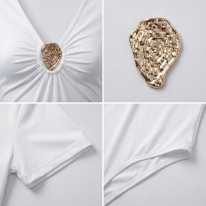 White Ruched V-Neck Bodysuit WHD0605087-S-2603198