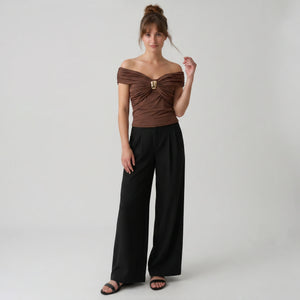 Brown Ruched Off-Shoulder Top WHD0605091-S-2512143