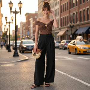 Brown Ruched Off-Shoulder Top WHD0605091-S-2512143