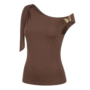 Brown Floral-Detail Asymmetric Top WHD0605092-S-260145