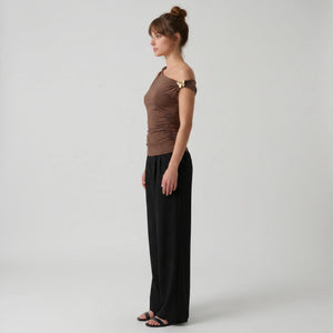 Brown Floral-Detail Asymmetric Top WHD0605092-S-260145