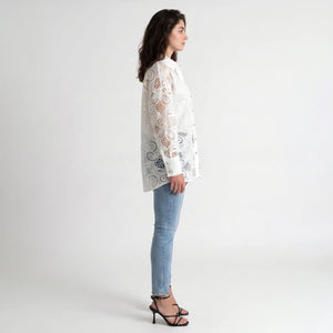 White Lace Button Front Blouse WHD0605162-SZ-241101