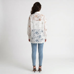 White Lace Button Front Blouse WHD0605162-SZ-241101