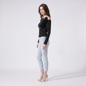 Asymmetric Rosette Long Sleeve Top WHD0605187-S-26012125