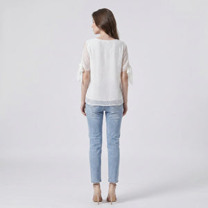 White Flocked Dot Chiffon Blouse WHD0605225-S-2601232