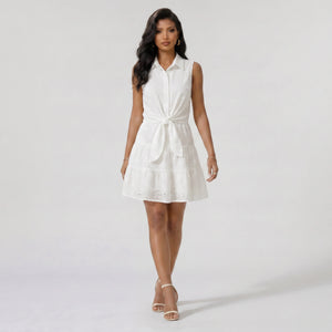 Eyelet Tie Waist Shirt Dress WHD0605314-S-251138