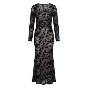 Flocked Floral Mesh Maxi Dress WHD0605319-S-251231