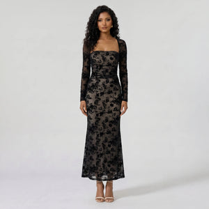 Flocked Floral Mesh Maxi Dress WHD0605319-S-251231