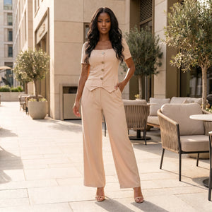 Button Detail Wide Leg Set WHD0605524-LF2536