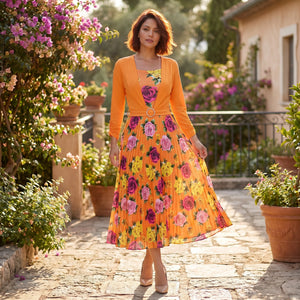 Floral Pleated Belted Midi Dress WHD0605532-LF2502