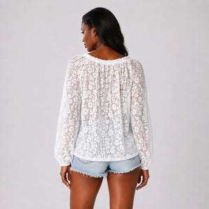 White Lace Tie-Neck Blouse WHD0606143