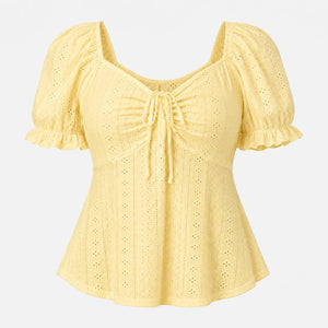 Eyelet Drawstring Puff Sleeve Top WHD0606191