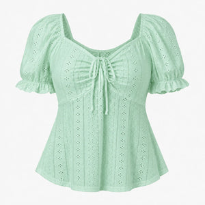 Eyelet Drawstring Puff Sleeve Top WHD0606191