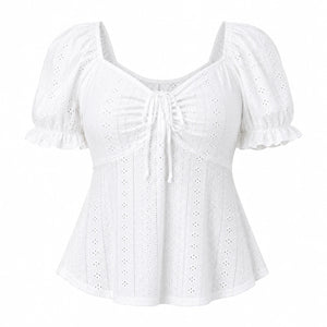 Eyelet Drawstring Puff Sleeve Top WHD0606191