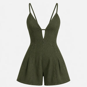 Lace-Up Back Denim Romper WHD0606217