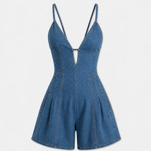 Lace-Up Back Denim Romper WHD0606217