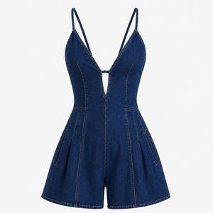 Lace-Up Back Denim Romper WHD0606217