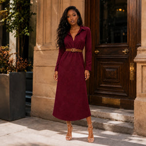 Belted Burgundy Midi Dress WHD0606304