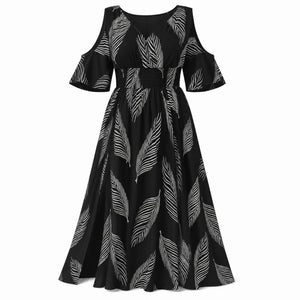 Leaf Print Cold-Shoulder Maxi Dress WHD0606397