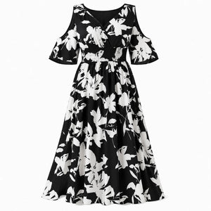 Leaf Print Cold-Shoulder Maxi Dress WHD0606397
