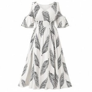 Leaf Print Cold-Shoulder Maxi Dress WHD0606397