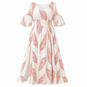 Leaf Print Cold-Shoulder Maxi Dress WHD0606397