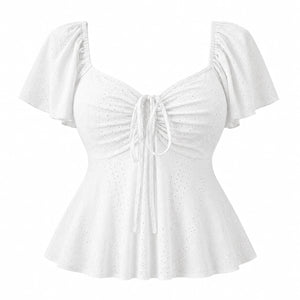 Ruched Eyelet Peplum Top WHD0606412