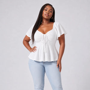 Ruched Eyelet Peplum Top WHD0606412