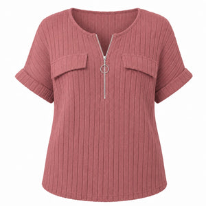 Ribbed Half-Zip Short Sleeve Top WHD0606416