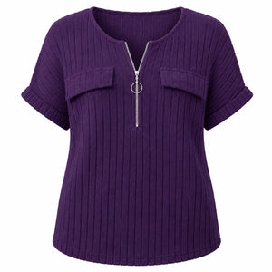 Ribbed Half-Zip Short Sleeve Top WHD0606416