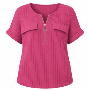 Ribbed Half-Zip Short Sleeve Top WHD0606416