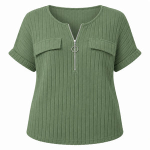 Ribbed Half-Zip Short Sleeve Top WHD0606416
