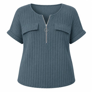 Ribbed Half-Zip Short Sleeve Top WHD0606416