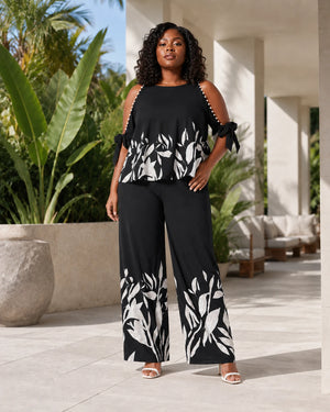 Floral Trim Wide Leg Set WHD0606448