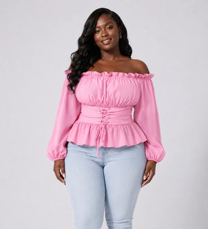 Off-Shoulder Lace-Up Peplum Top WHD0606468