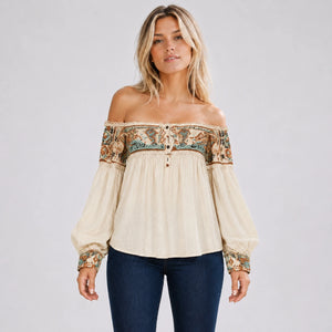 Boho Off-Shoulder Printed Blouse WHD0606594