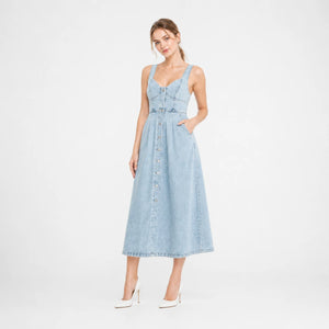 Button Front Denim Midi Dress WHD0607003