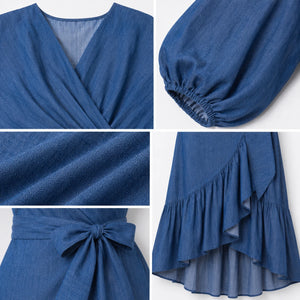 Wrap-Front Denim Ruffle Maxi Dress WHD0607004