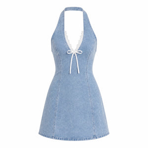 Lace-Trim Halter Denim Mini Dress WHD0607010