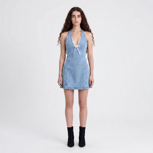 Lace-Trim Halter Denim Mini Dress WHD0607010