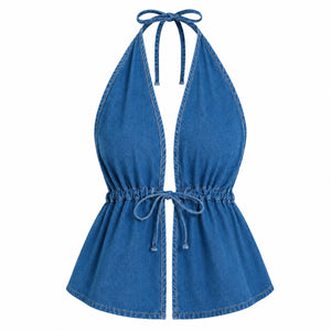 Tie-Front Halter Denim Top WHD0607014