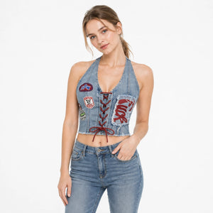 Patch Lace-Up Denim Halter Top WHD0607015