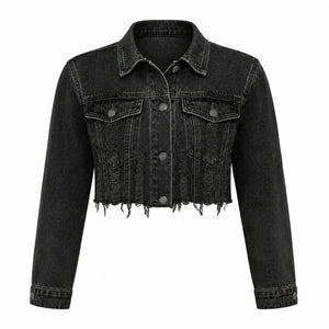 Distressed Raw Hem Cropped Denim Jacket WHD0607026